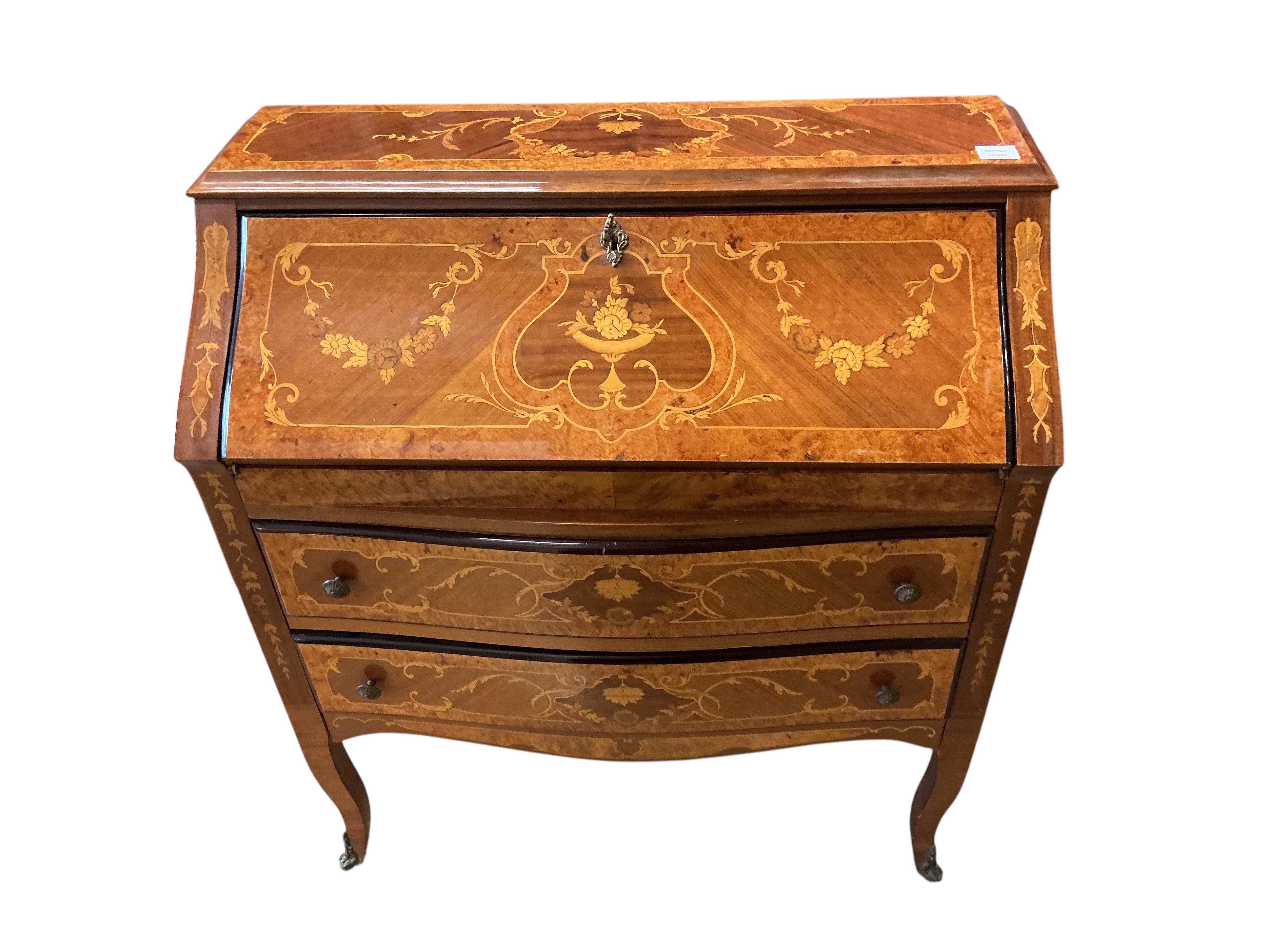 A reproduction Italian marquetry inlaid kingwood bureau, width 91cm, depth 43cm, height 101cm